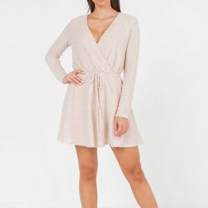 NITT by Flying Tomato Textured Long Sleeve V Neck Mini Dress Cream Size S